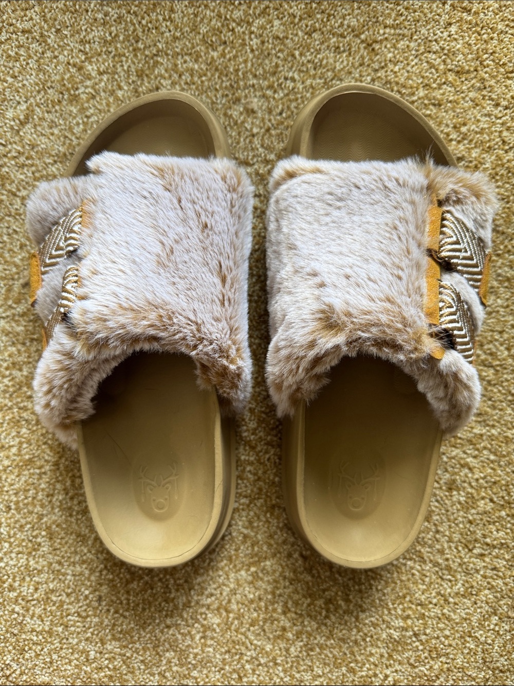 Faux Fur Slide Sandals in Beige - Women's Comfort Slides